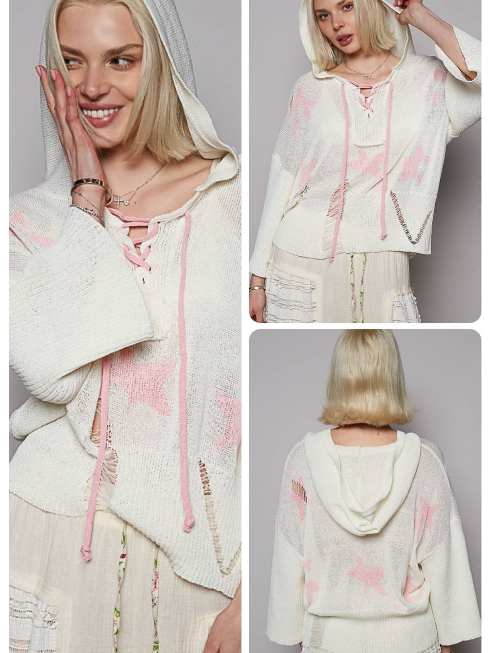 POL Cream Knit Hoodie Sweater with Pink Star Details